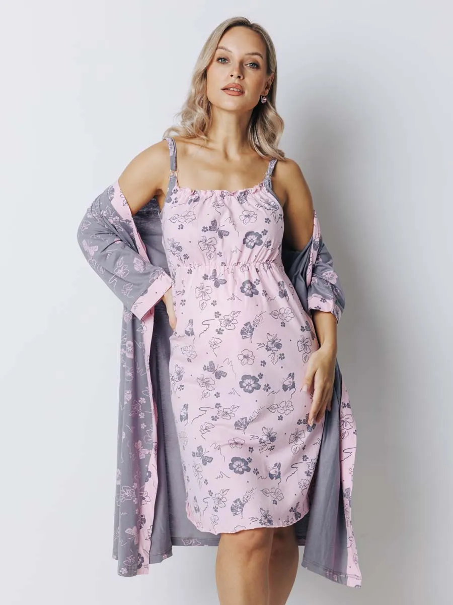 Халат с сорочкой для беременных и кормящих в роддом темно-серый/розовый