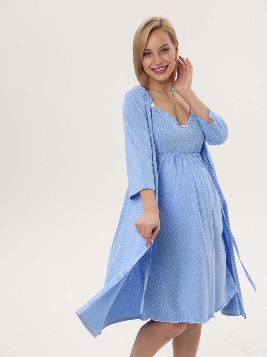 Комплект халат с сорочкой 24020 для беременных и кормящих голубой/белый