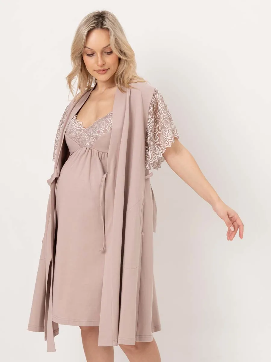 Костюм кружевной халат с сорочкой для беременных бежевый