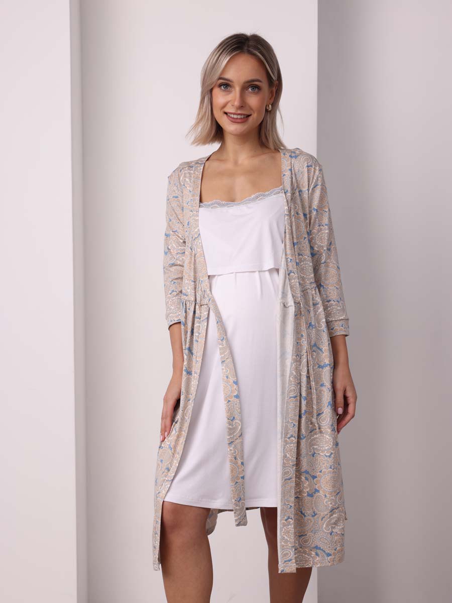 Комплект женский халат с сорочкой 22832 бежевый/молочный/голубой