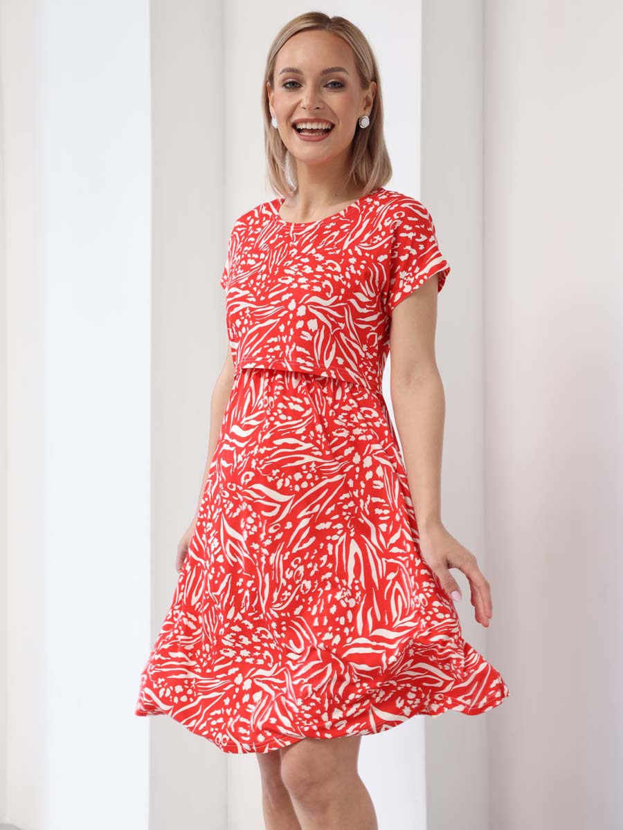 Платье для беременных и кормящих 62009 в офис красный/белый