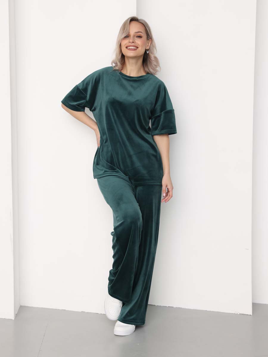 Костюм домашний женский велюровый с брюками палаццо 46031 изумрудный