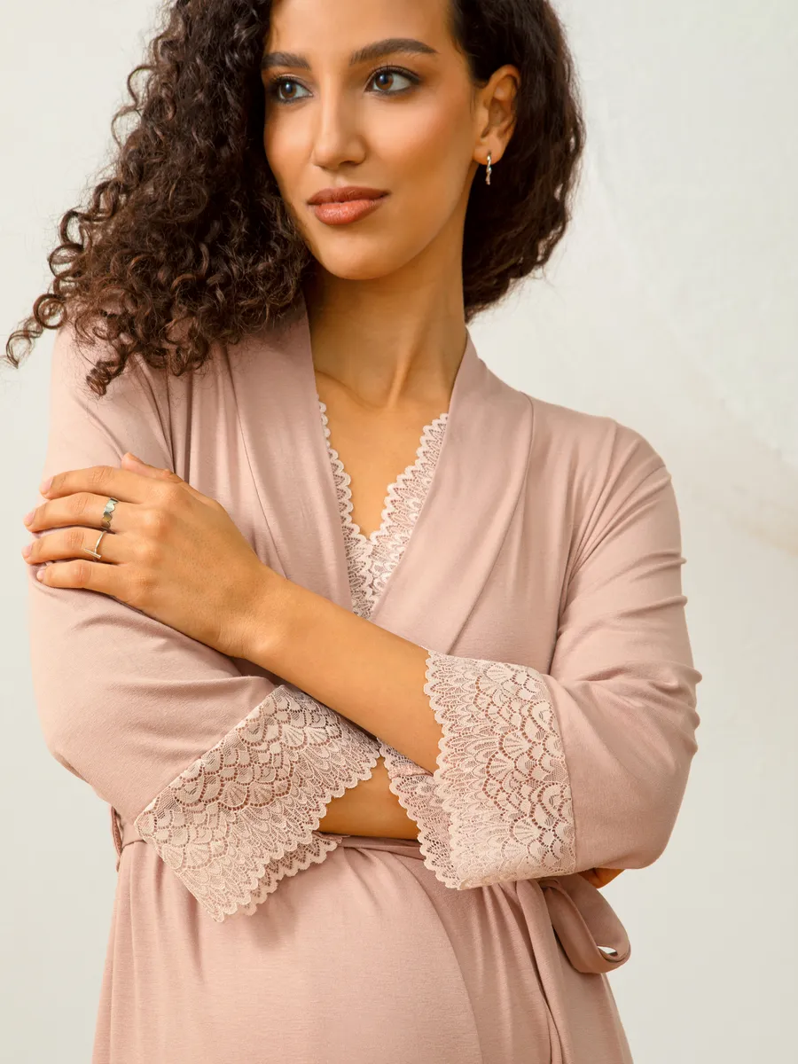 Костюм для беременных халат и сорочка в роддом для кормящих бежевый