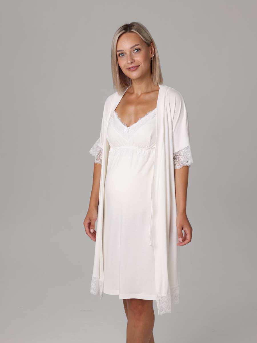 Халат с сорочкой для беременных и кормящих Пеньюар в роддом молочный