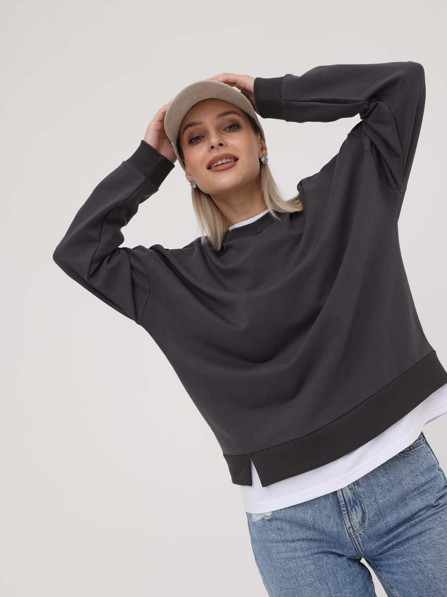 Джемпер женский оверсайз 69714 лонгслив антрацитовый/белый