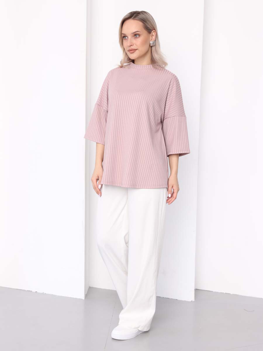 Джемпер оверсайз в рубчик с рукавом 3/4 для беременных пудровый