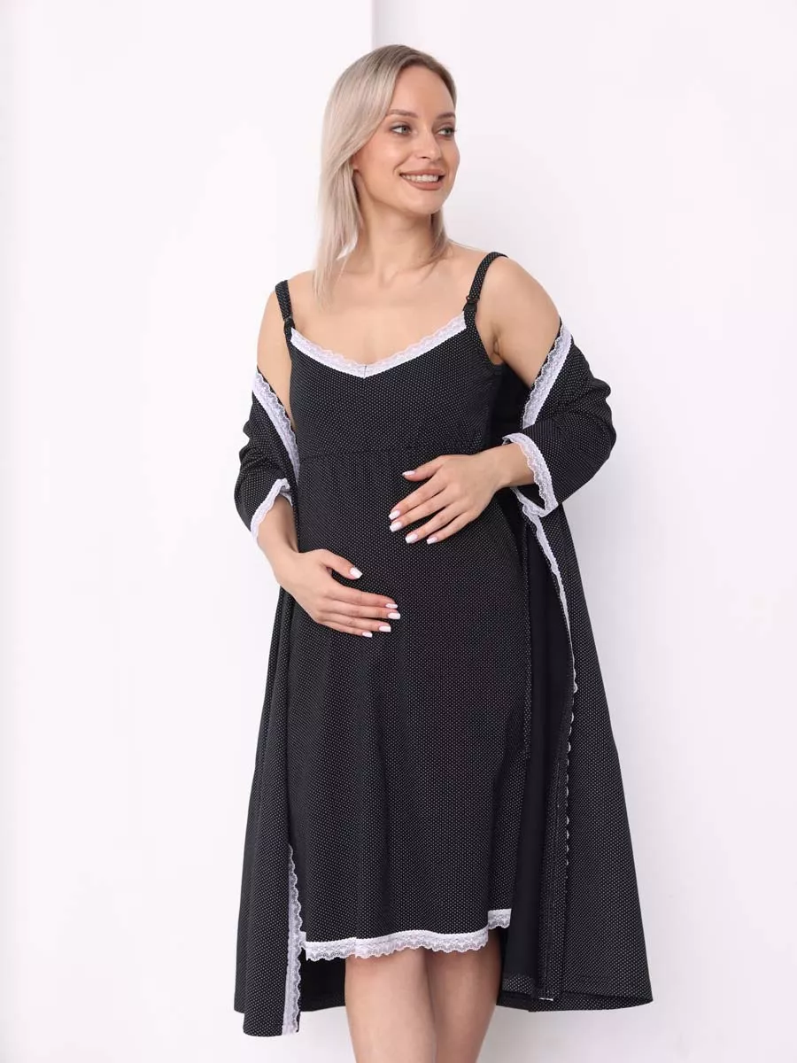 Халат с сорочкой для беременных и кормящих в роддом черный/белый