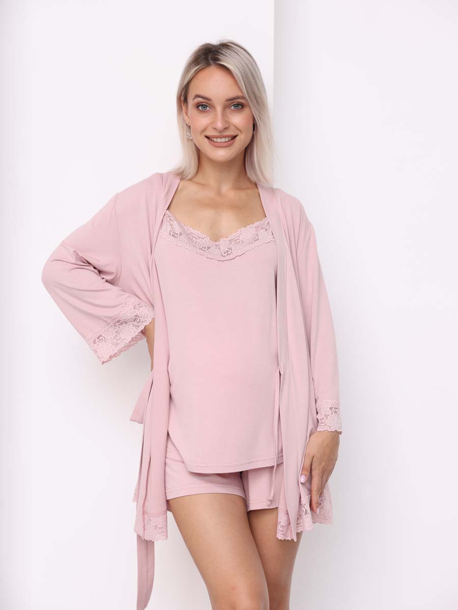 Пеньюар халат майка и топ для беременных и кормящих розовый