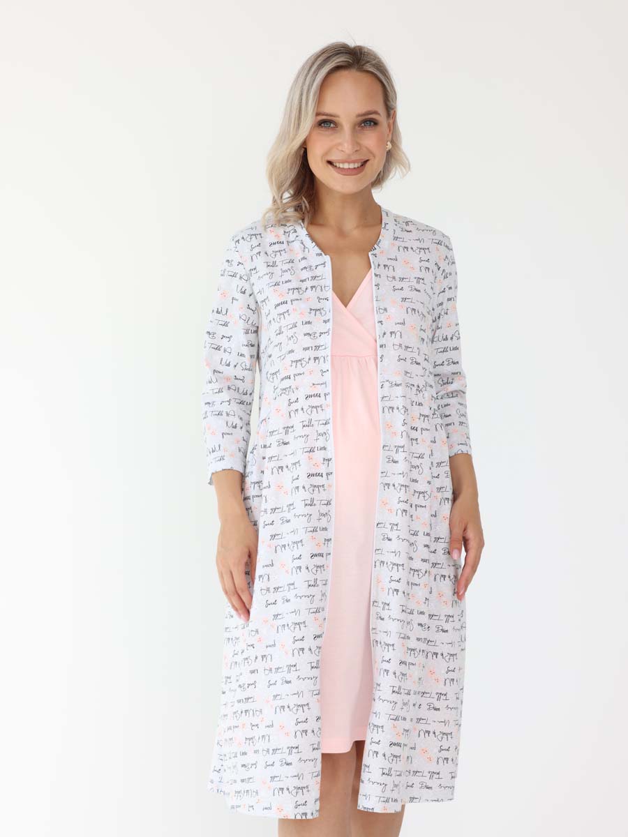 Халат и сорочка для беременных и кормящих в роддом 27320 серый/розовый