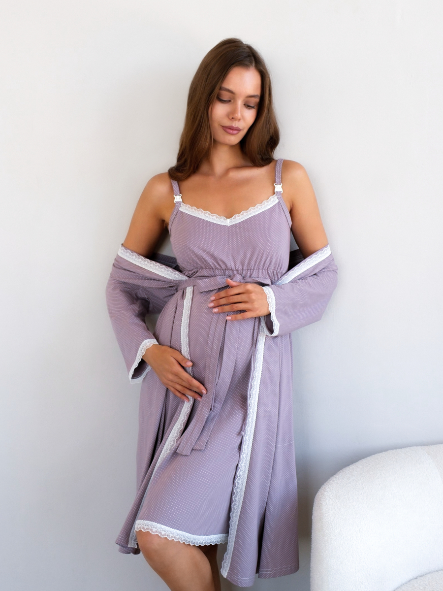 Халат с сорочкой для беременных и кормящих в роддом коричневый/молочный