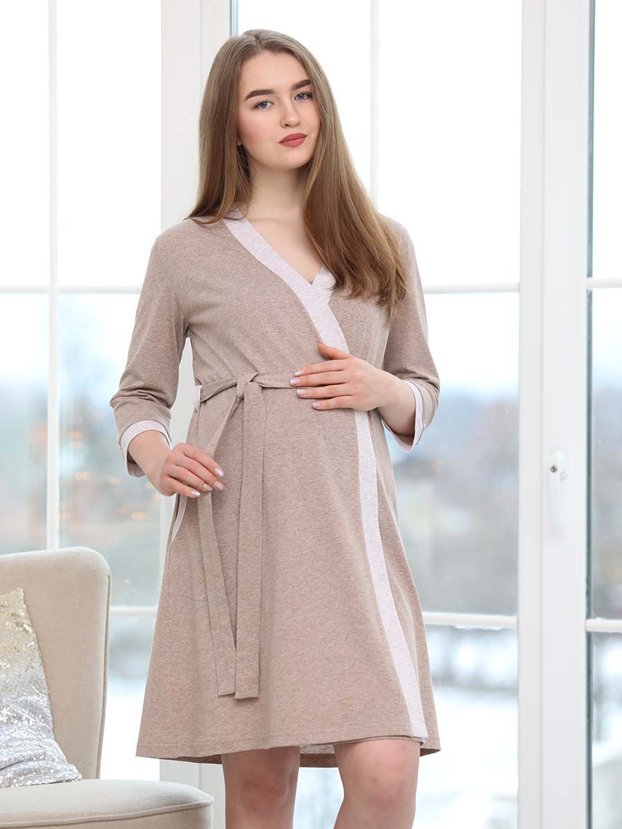 Комплект для беременных и кормящих 13920 халат с сорочкой бежевый/коричневый