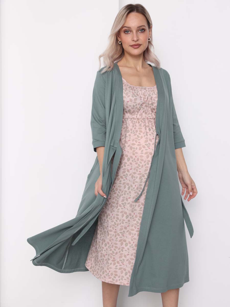 Халат и сорочка для беременных и кормящих в роддом костюм темно-зеленый/пудровый