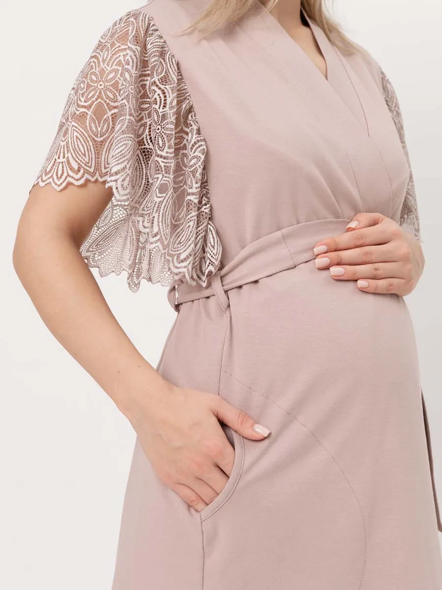 Костюм кружевной халат с сорочкой для беременных бежевый