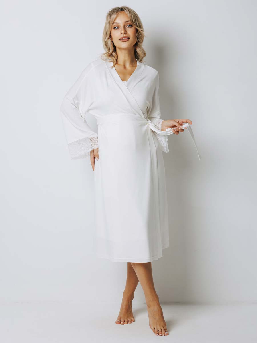 Костюм кружевной халат с сорочкой для беременных 27932 молочный