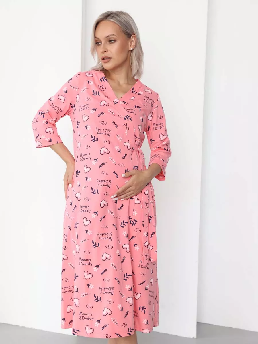 Халат и сорочка для беременных и кормящих в роддом костюм коралловый/белый