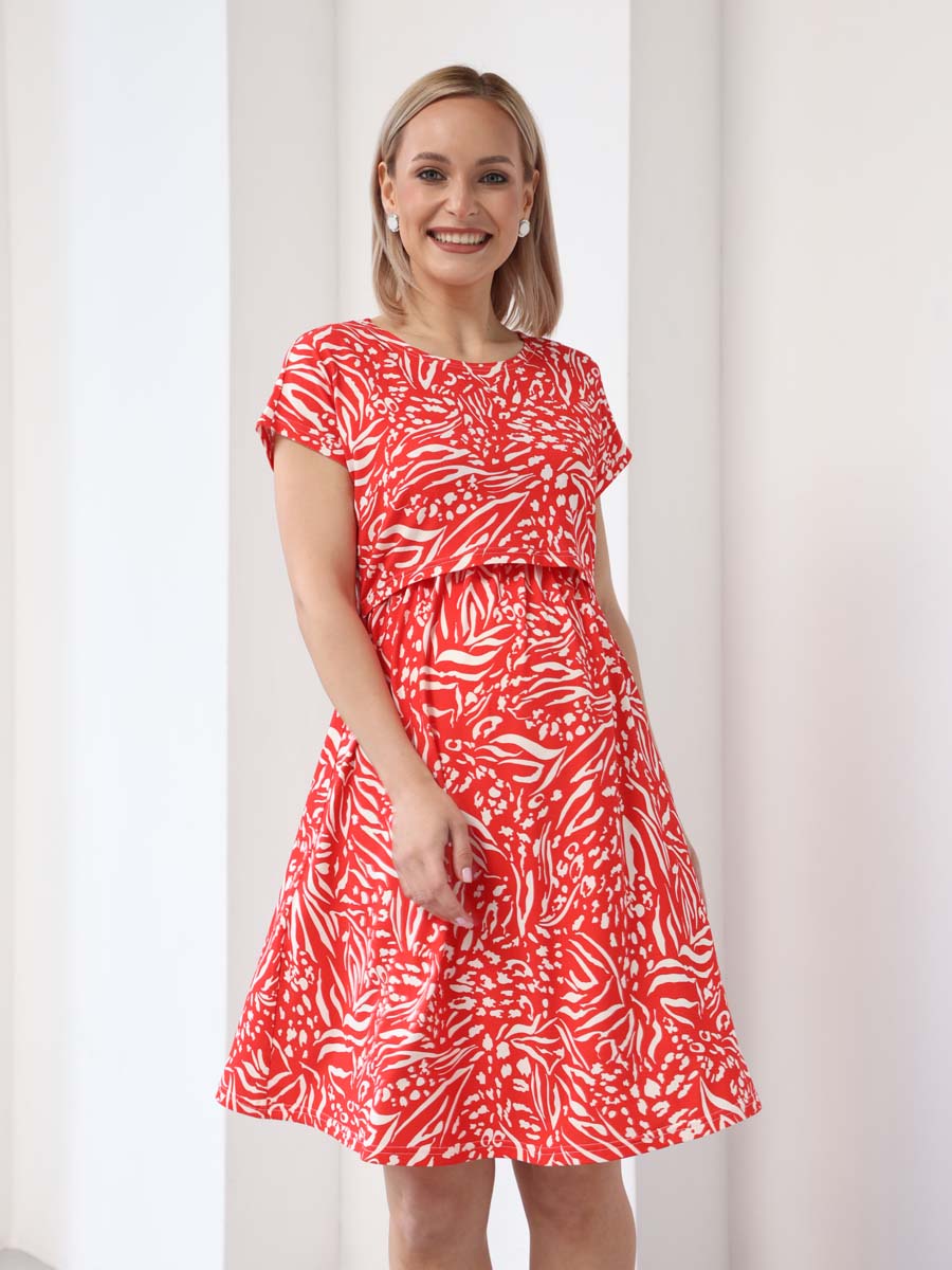 Платье для беременных и кормящих 62009 в офис красный/белый