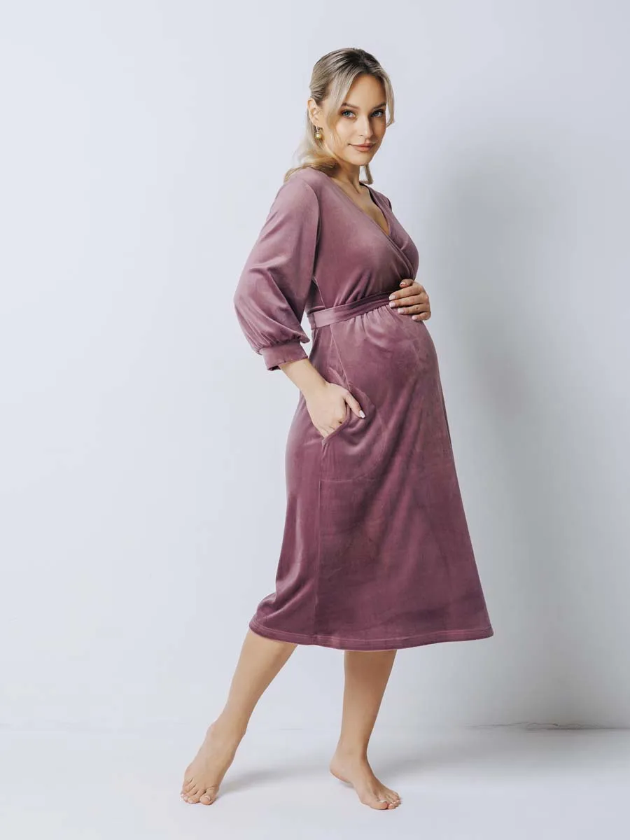 Халат велюровый для беременных и кормящих в роддом 25007 лиловый
