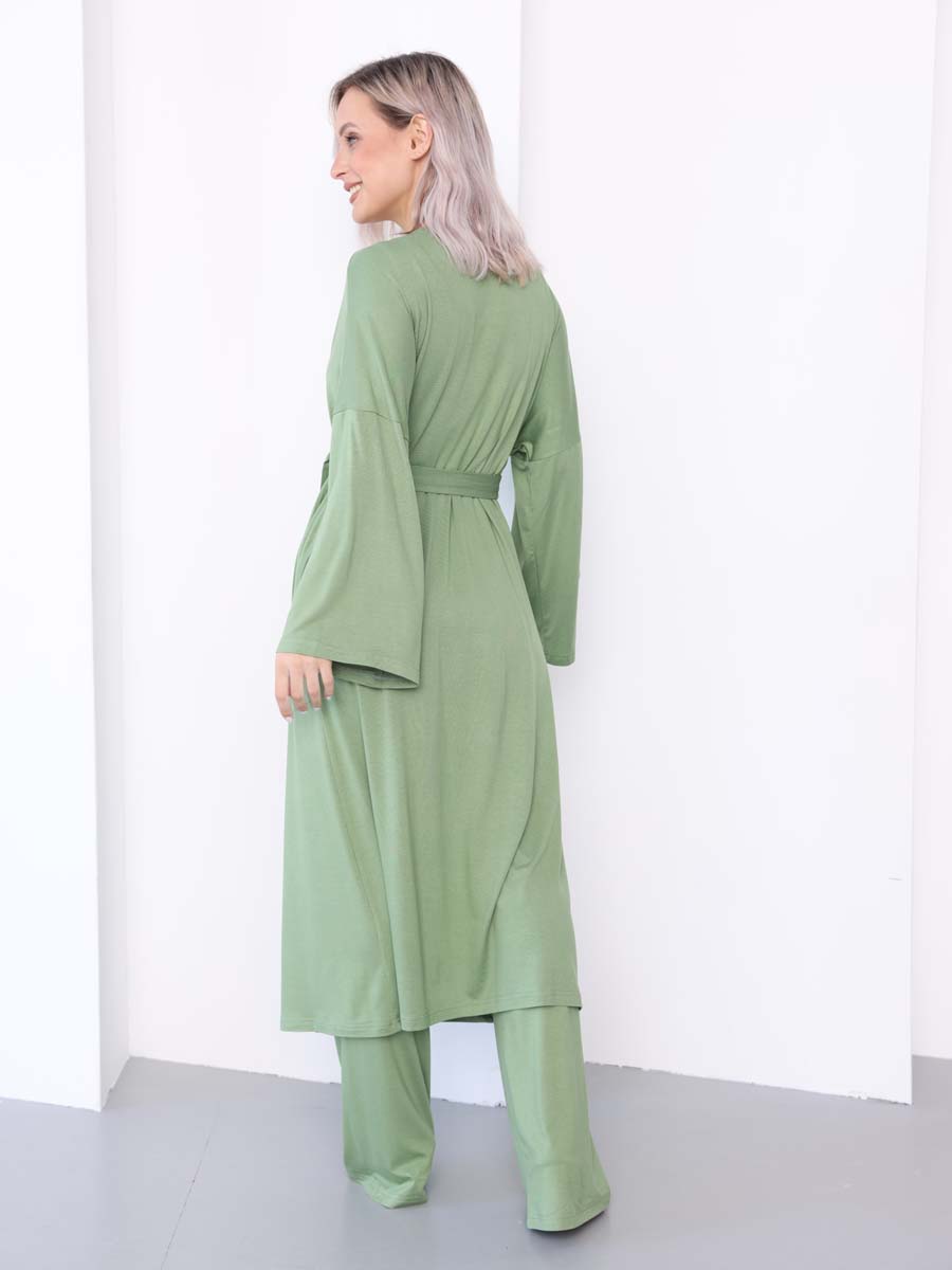 Комплект тройка домашний 24432 халат брюки топ зеленый