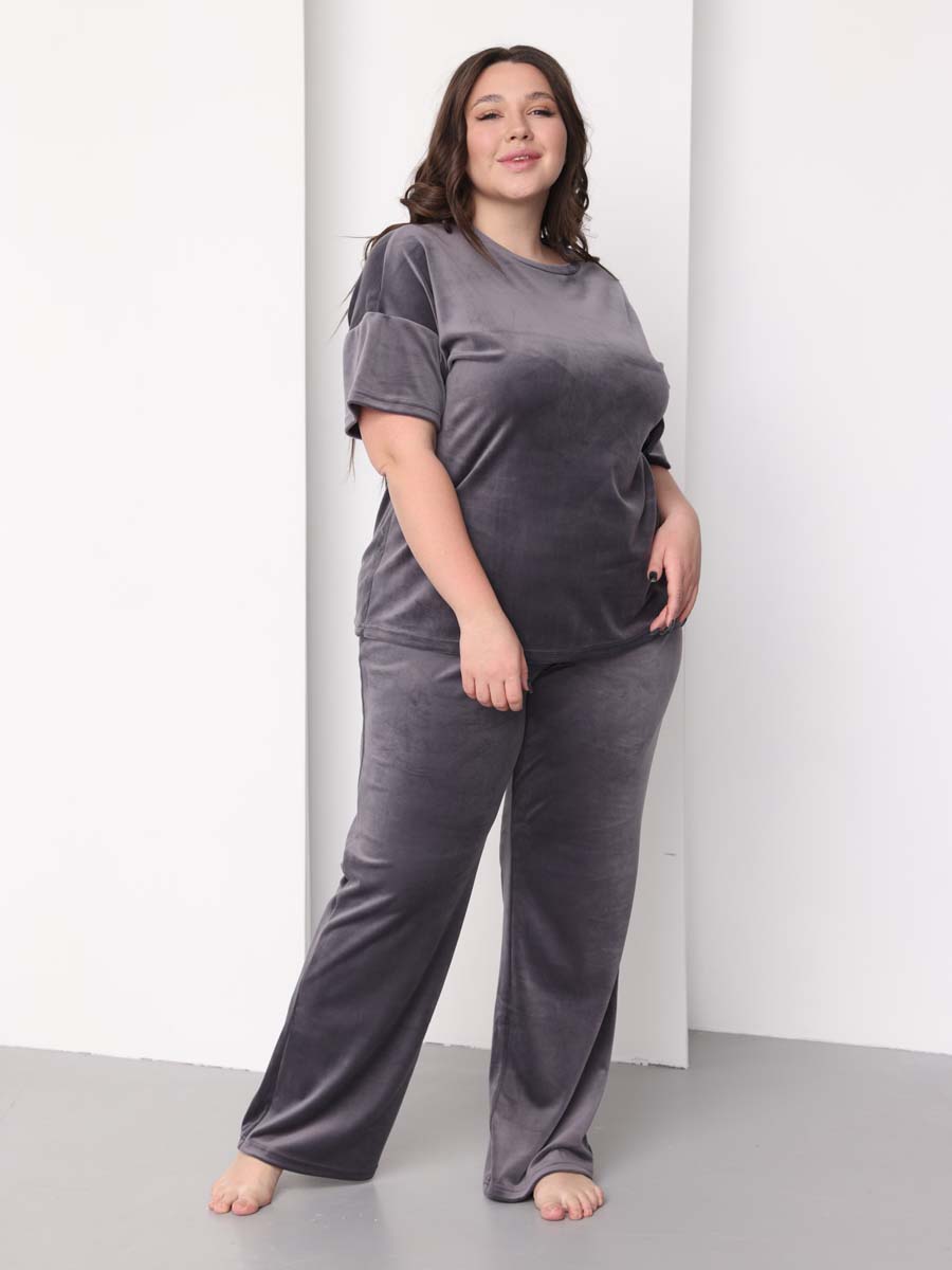 Костюм домашний велюровый с брюками палаццо 46031 темно-серый