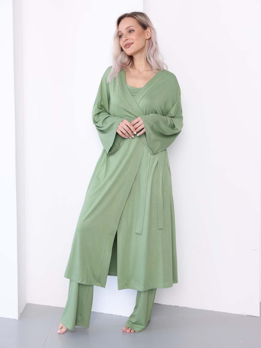 Комплект тройка домашний 24432 халат брюки топ зеленый