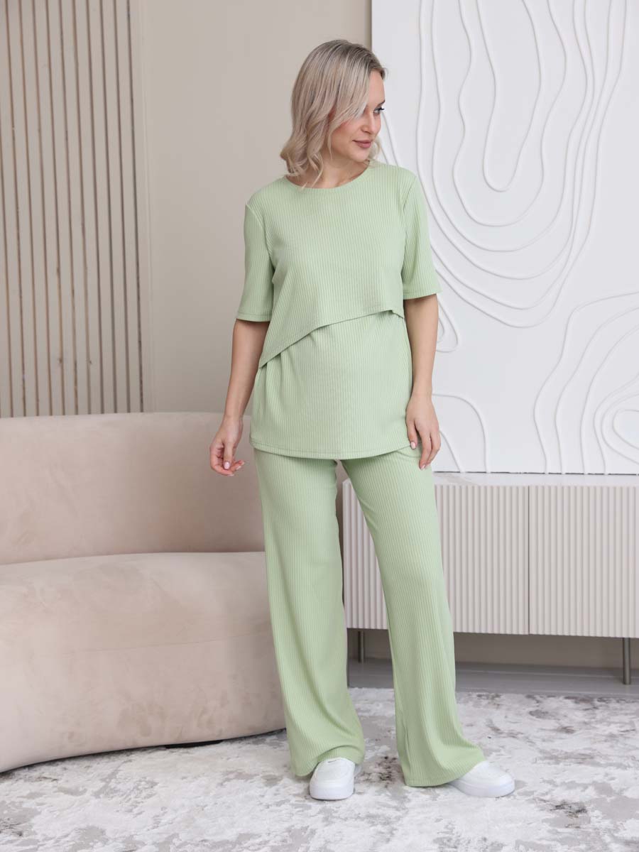 Костюм лапша летний брючный для беременных и кормящих 14132 фисташковый/оливковый