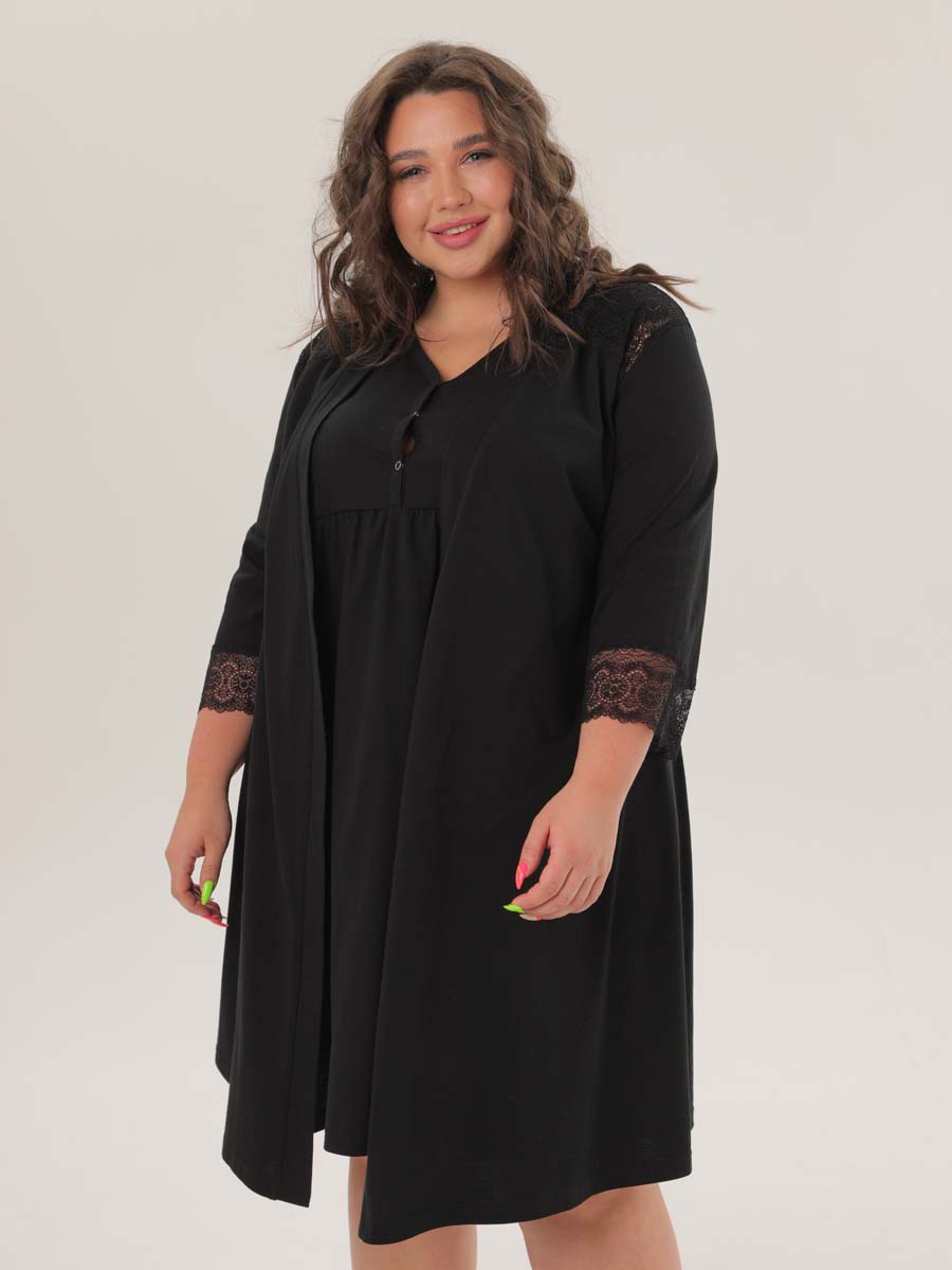 Комплект халат с сорочкой большие размеры костюм в роддом черный