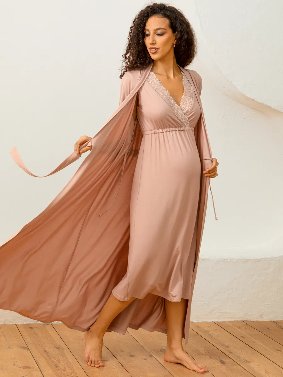 Костюм для беременных халат и сорочка в роддом для кормящих бежевый