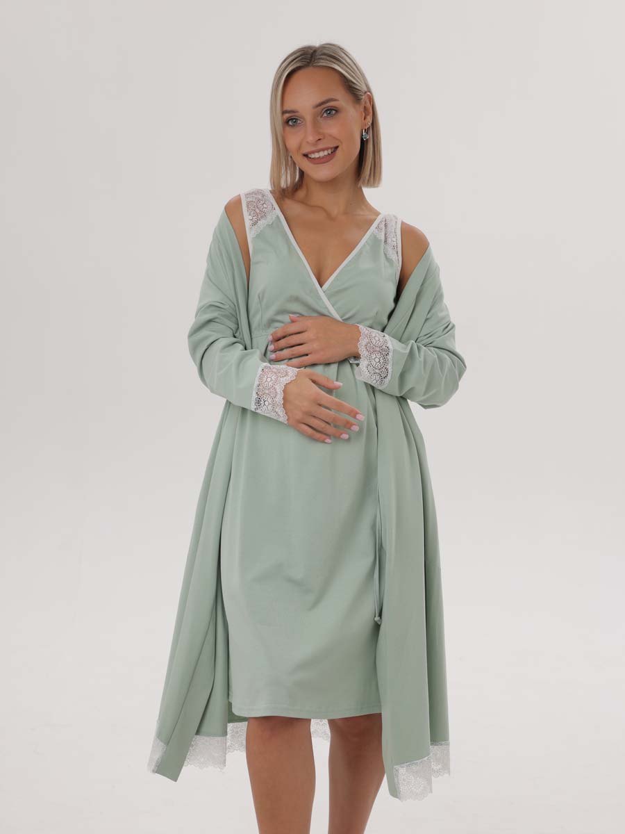 Комплект халат с сорочкой для беременных и кормящих 03528 оливковый/молочный