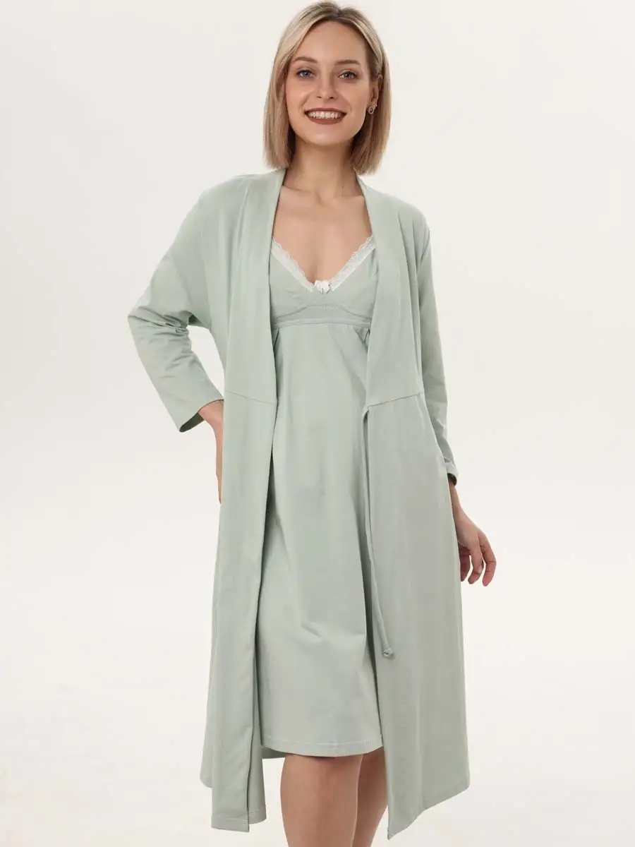 Халат с сорочкой для беременных и кормящих мам светло-зеленый