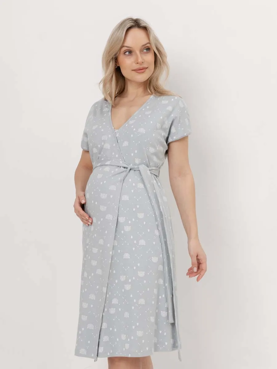 Халат с сорочкой для беременных и кормящих в роддом серый/белый