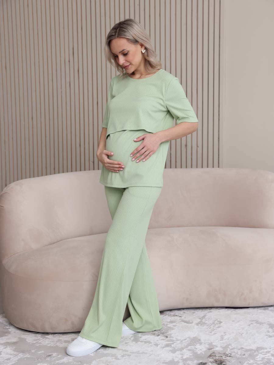 Костюм лапша летний брючный для беременных и кормящих 14132 фисташковый/оливковый