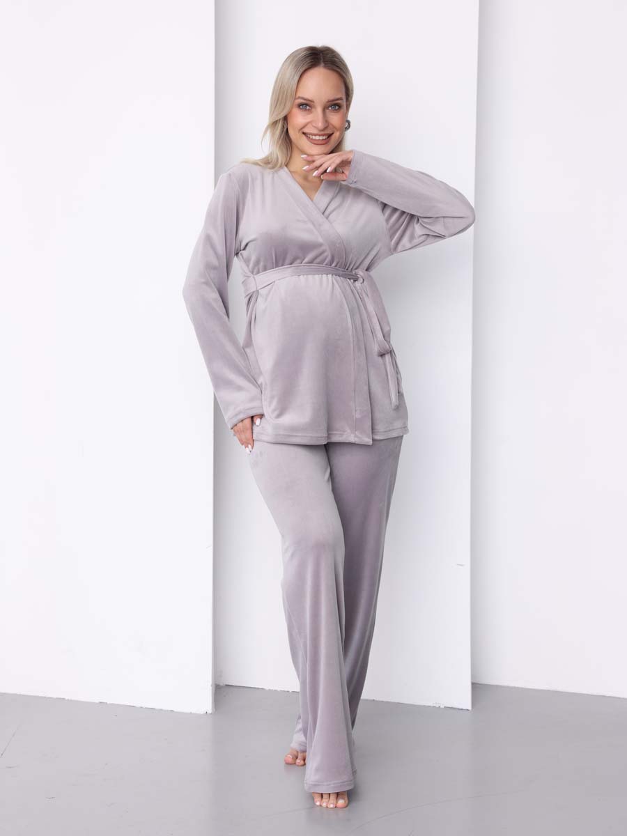 Домашний велюровый костюм с брюками осень зима светло-серый