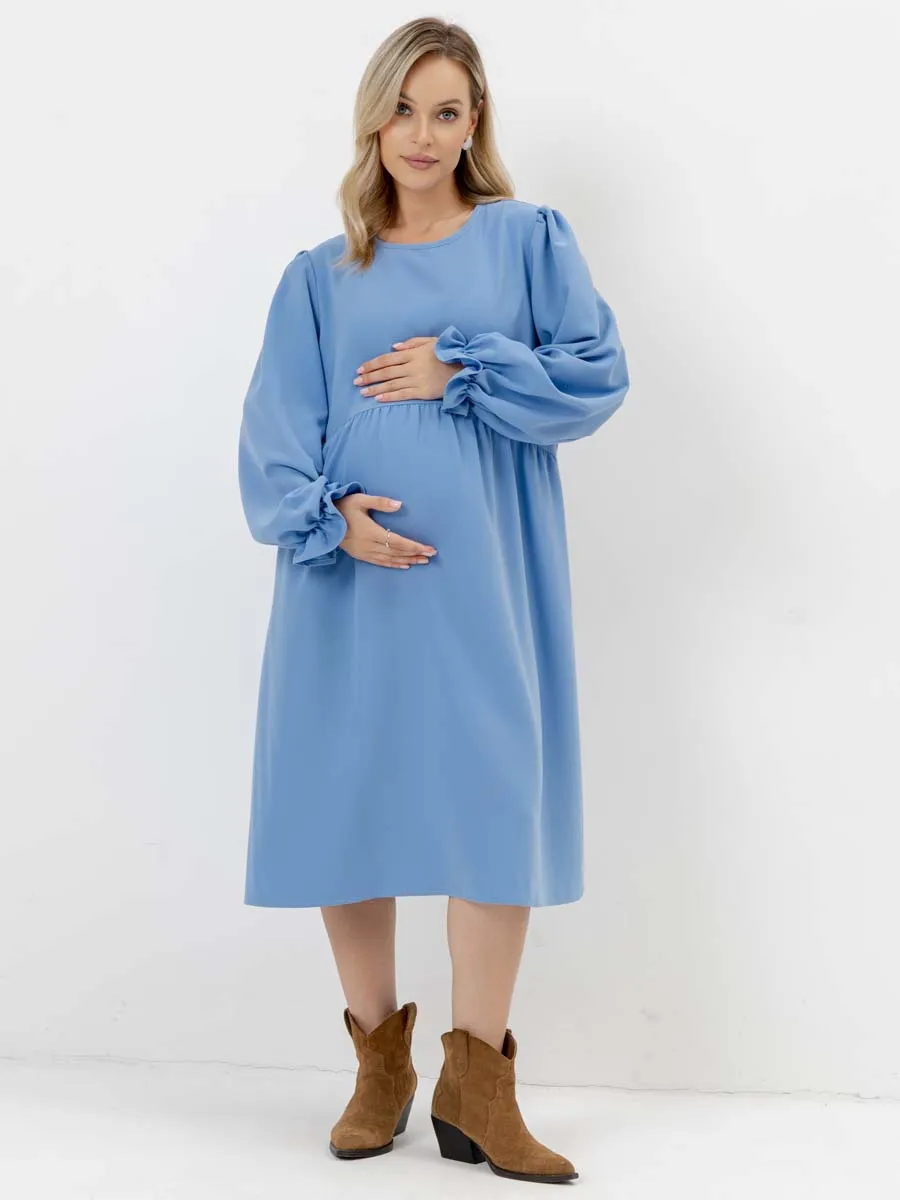 Платье для беременных с длинным рукавом в офис голубой темный