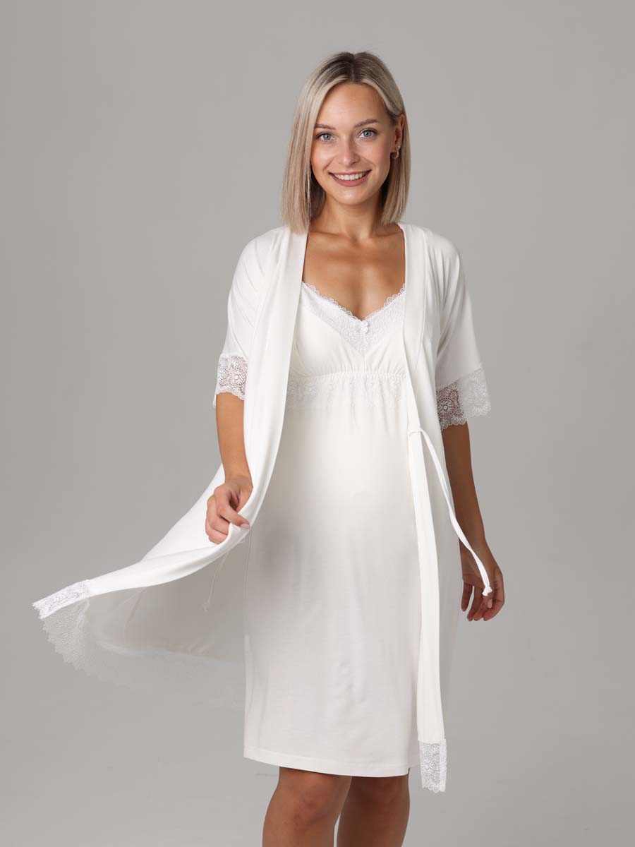 Халат с сорочкой для беременных и кормящих Пеньюар в роддом молочный