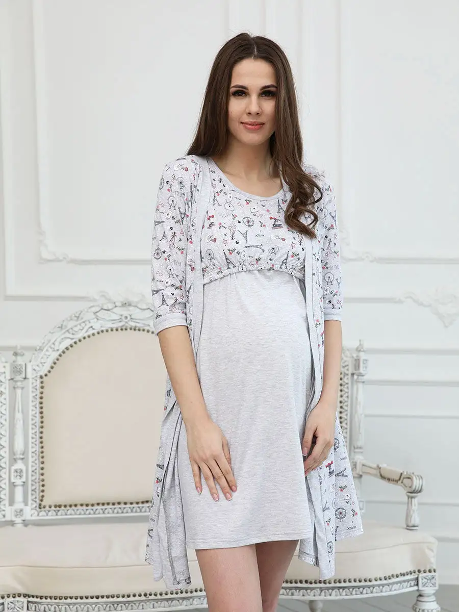 Костюм для беременных и кормящих серый_меланж/белый