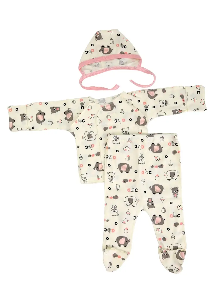 Комплект белья для новорожденного распашонка чепчик ползунки молочный/розовый