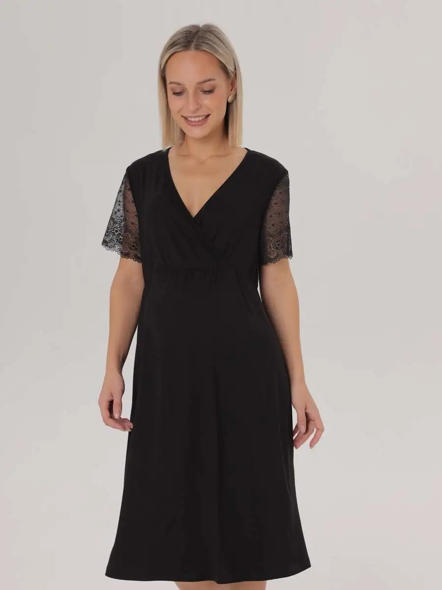 Сорочка ночная для беременных и кормления в роддом черный