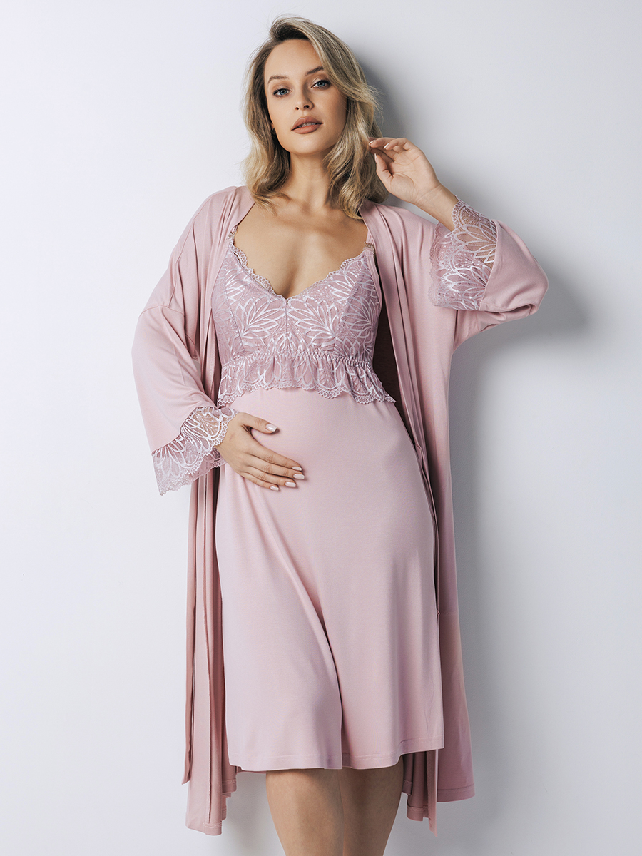 Костюм кружевной халат с сорочкой для беременных 28932 розовый/28932009