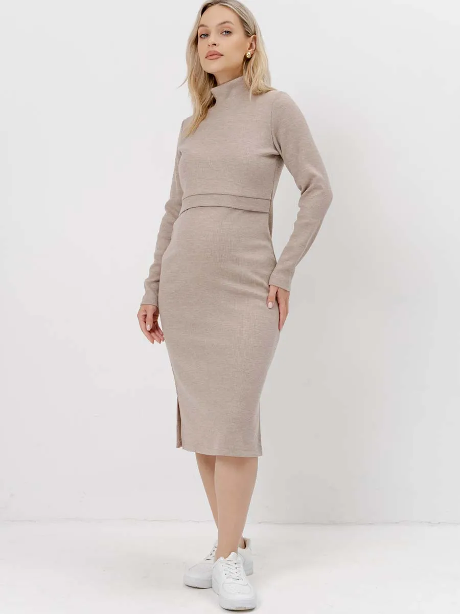 Платье вязаное для беременных и кормящих в офис 54504 бежевый