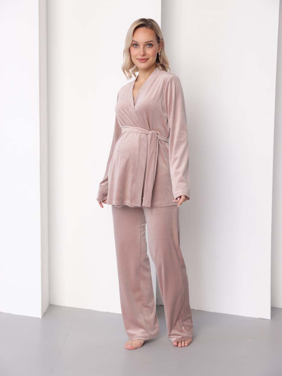 Домашний велюровый костюм с брюками осень зима бежевый/пудровый