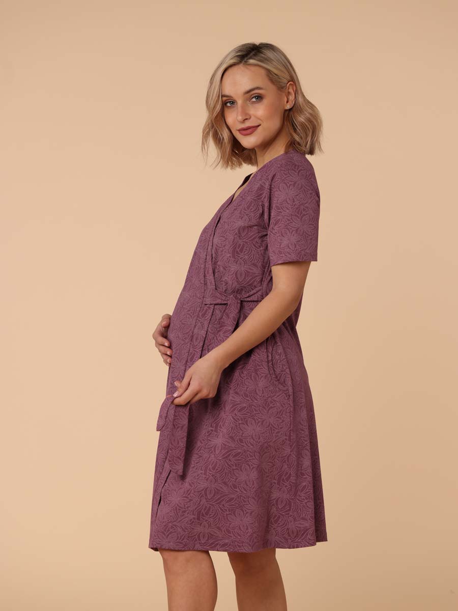 Костюм для беременных и кормления халат с сорочкой в роддом винный/молочный