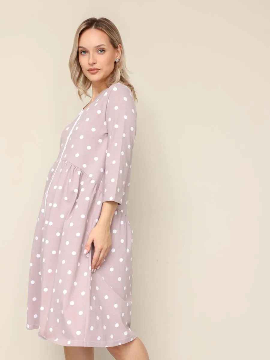 Халат домашний для беременных и кормящих в роддом 26302 бежевый/белый