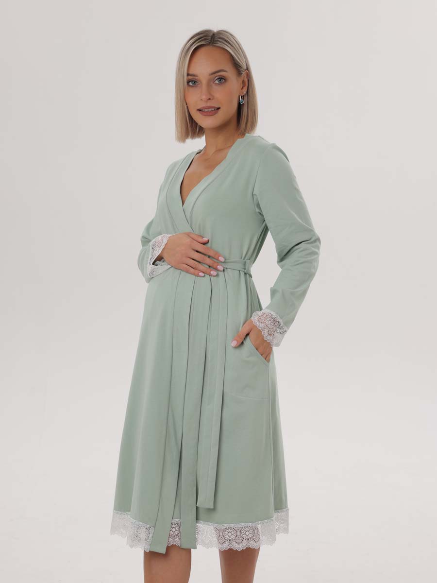 Комплект халат с сорочкой для беременных и кормящих 03528 оливковый/молочный