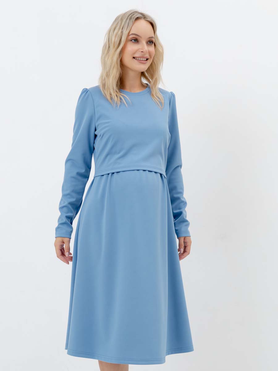 Платье для беременных и кормящих с длинным рукавом в офис голубой