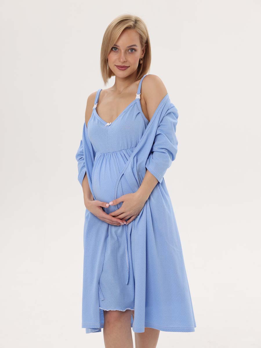 Комплект халат с сорочкой 24020 для беременных и кормящих голубой/белый