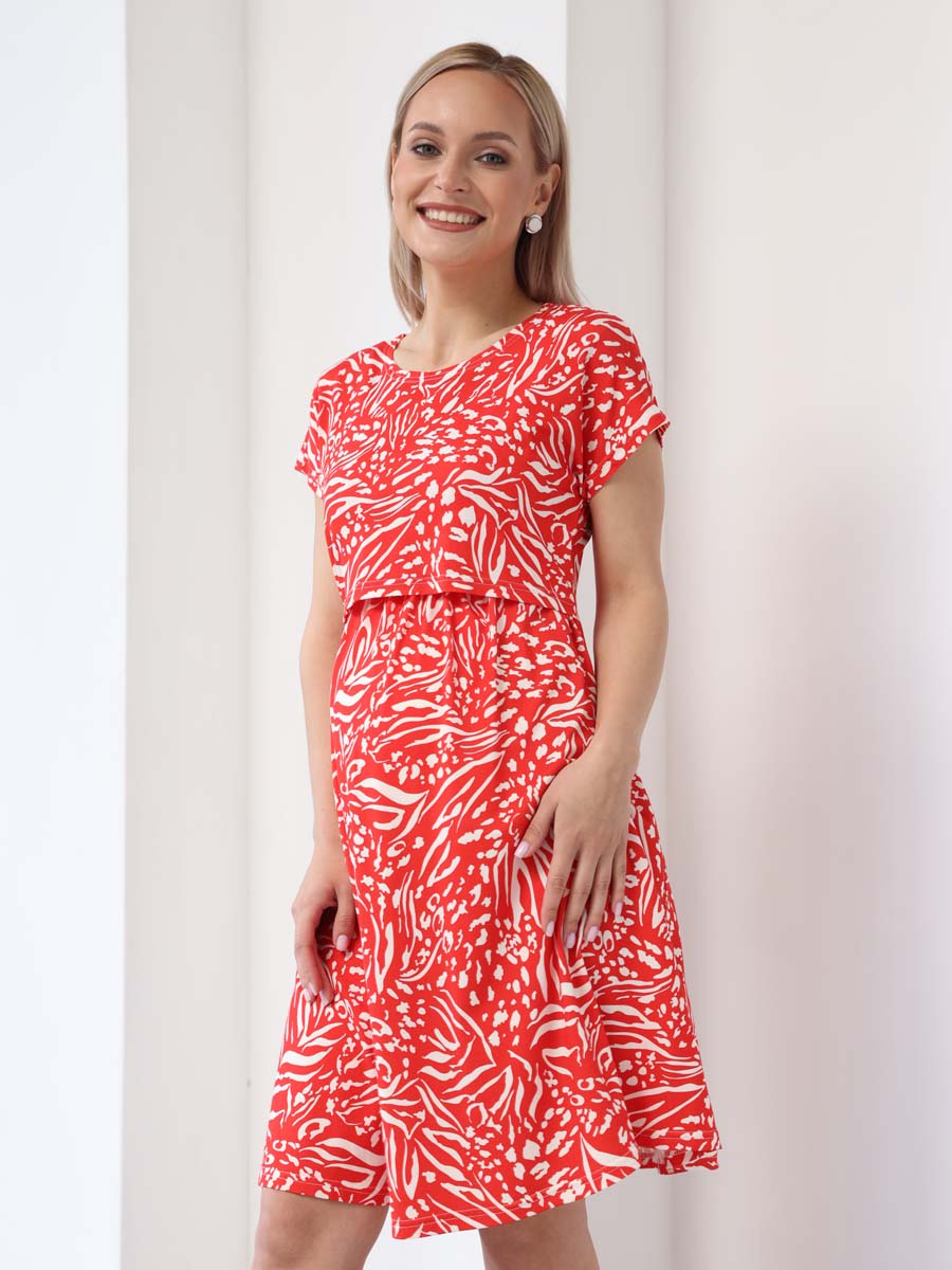 Платье для беременных и кормящих 62009 в офис красный/белый