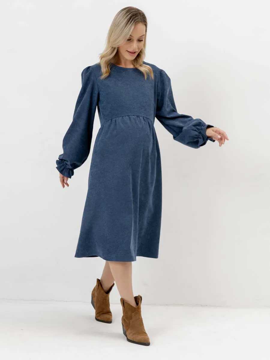 Платье для беременных с длинным рукавом вельветовое в офис сине-серый