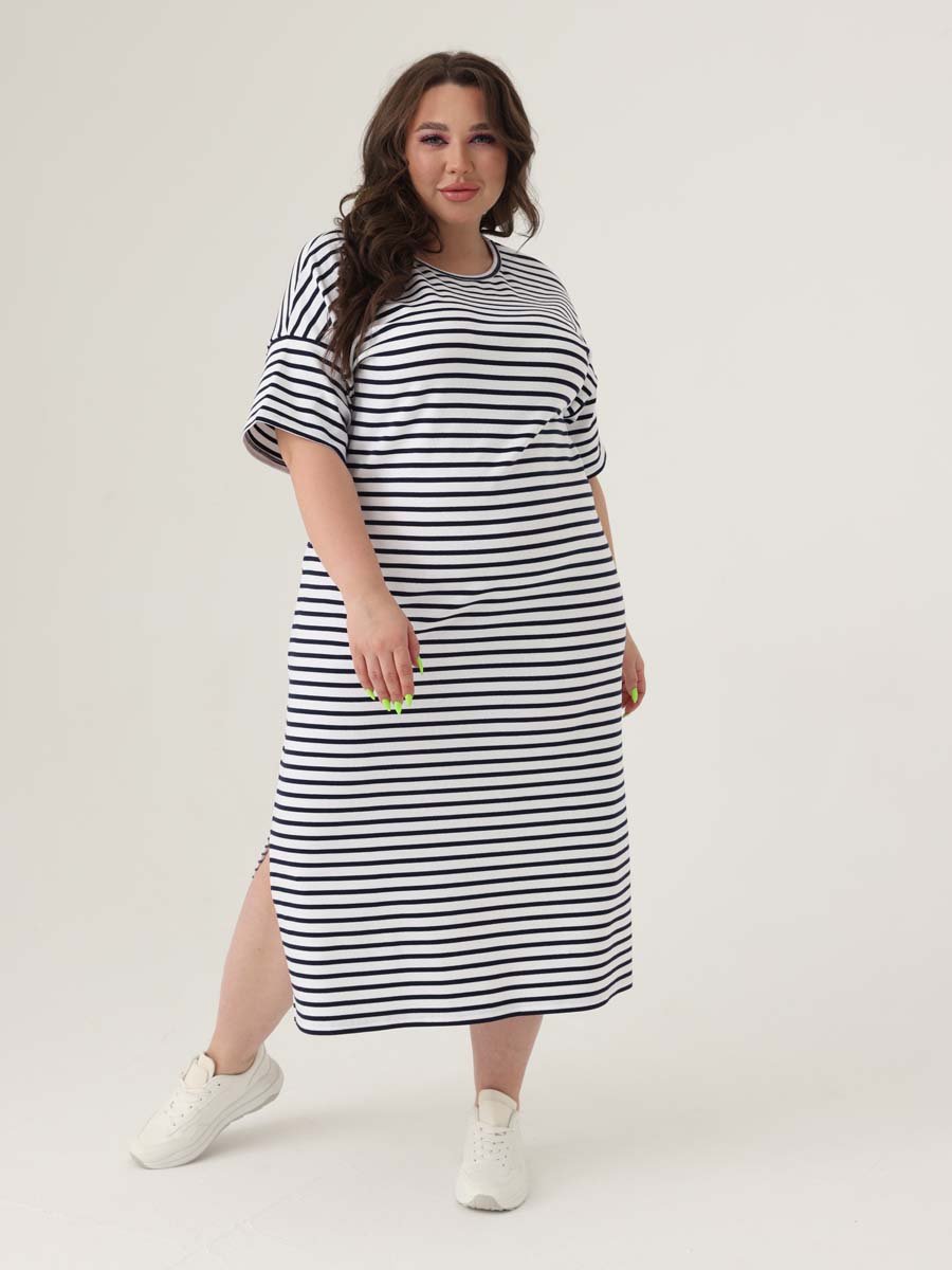 Платье женское больших размеров 69504 в офис белый/темно-синий