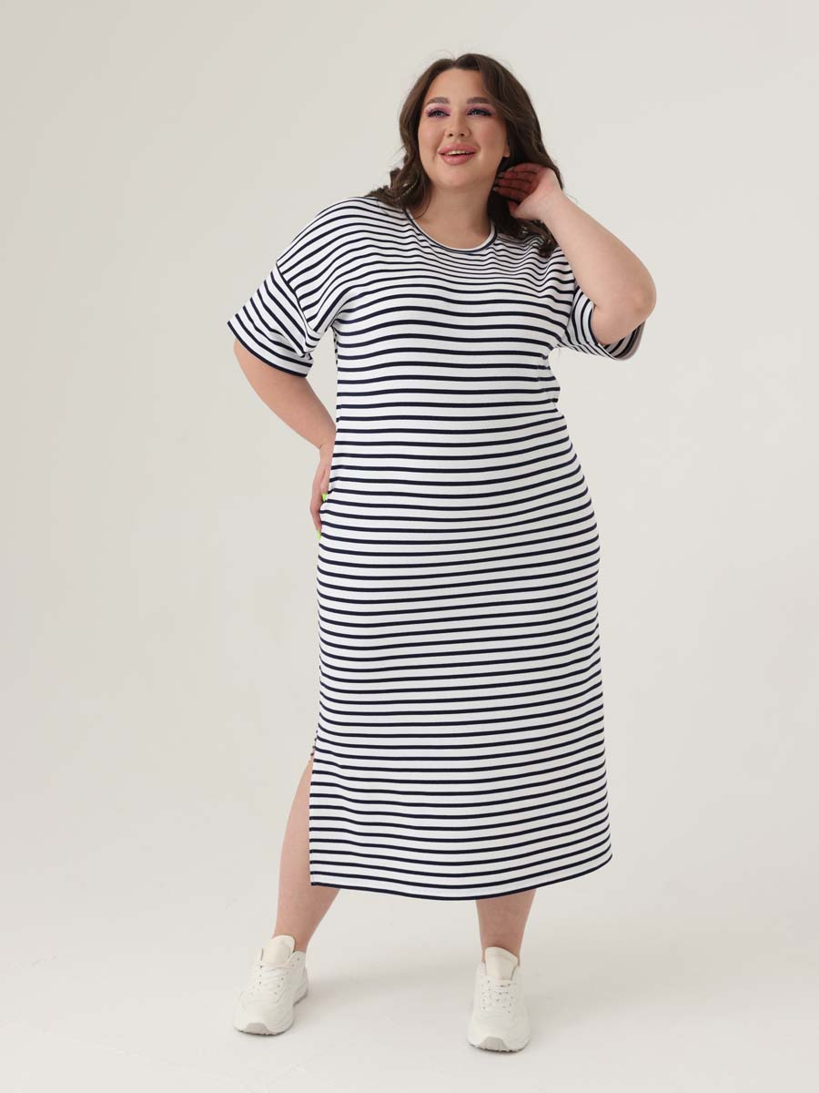 Платье женское больших размеров 69504 в офис белый/темно-синий
