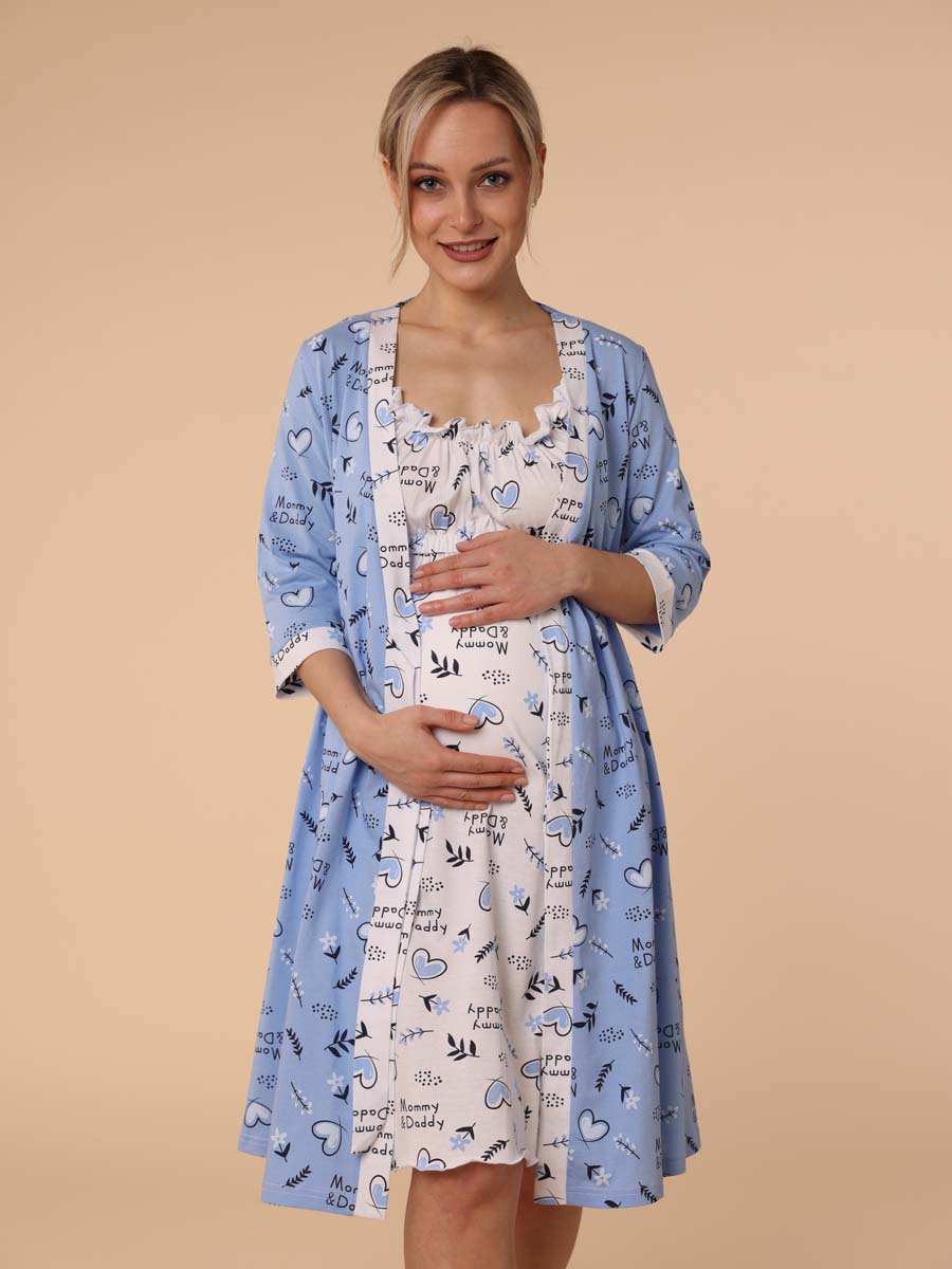 Халат и сорочка для беременных и кормящих в роддом костюм темно-синий/белый